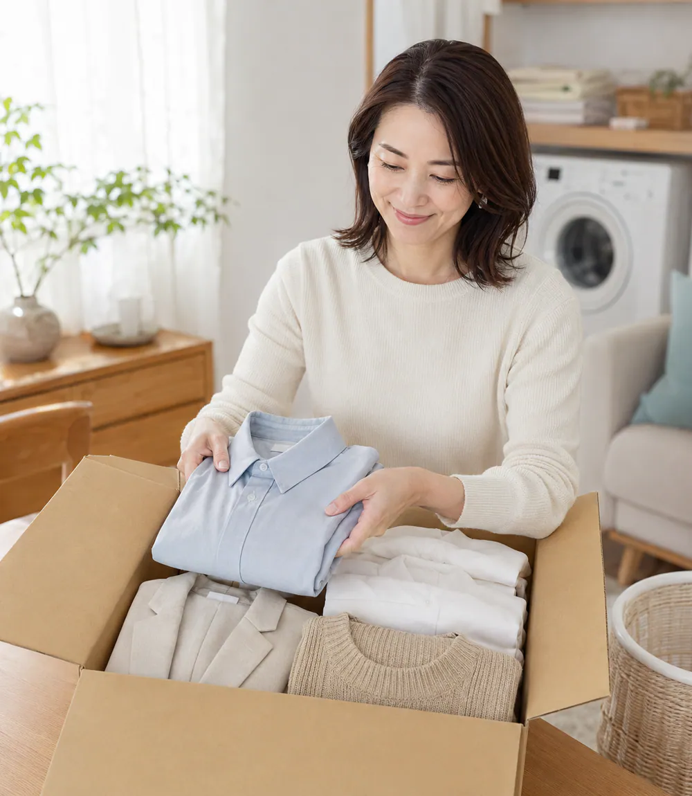 宅配クリーニングに出す衣類を箱へ詰める女性