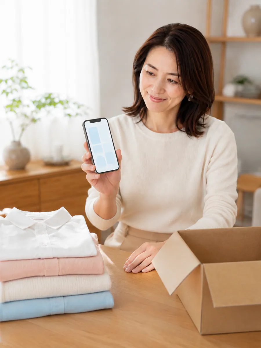スマートフォンで宅配クリーニングを比較する女性