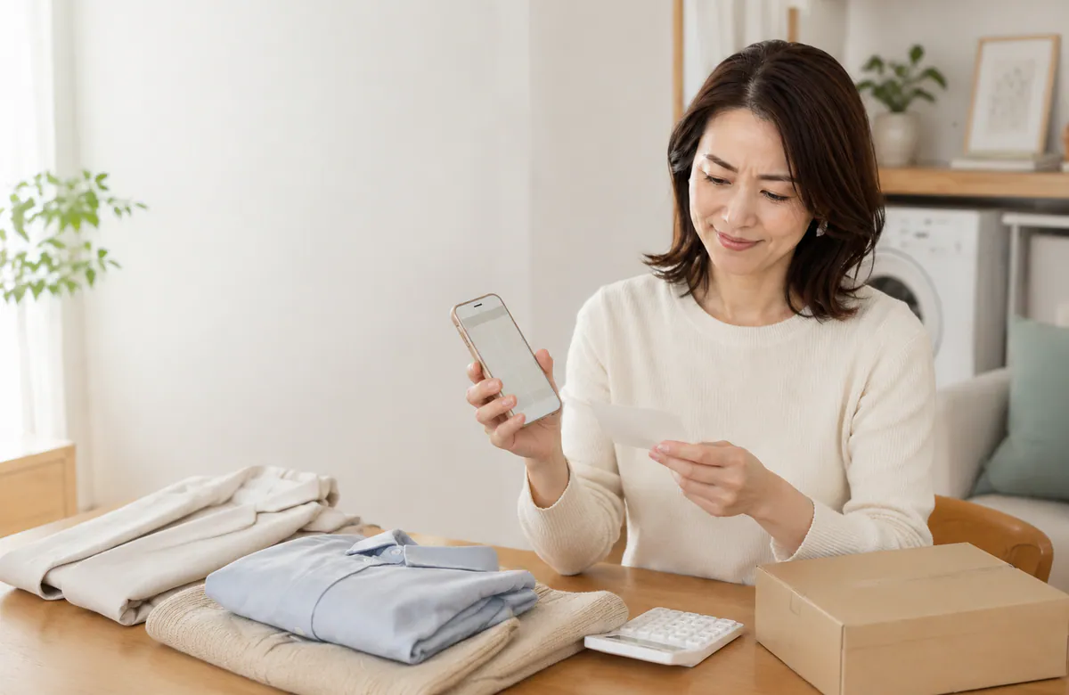 スマートフォンと明細を見比べる女性