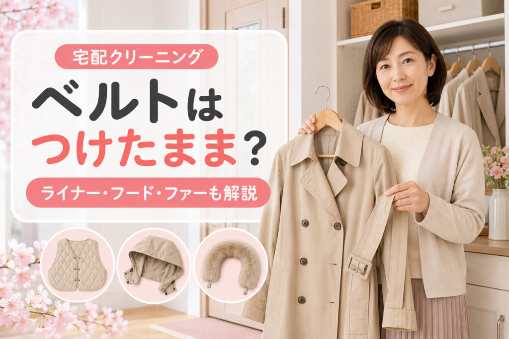 コートのベルトとライナーの扱いを確認する40代女性