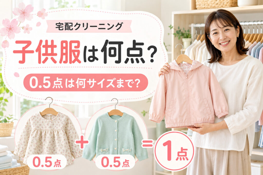 子供服が0.5点になる宅配クリーニングを確認する40代の母親